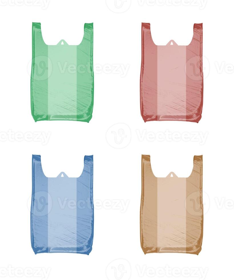 different color plastic bags isolated on white background photo