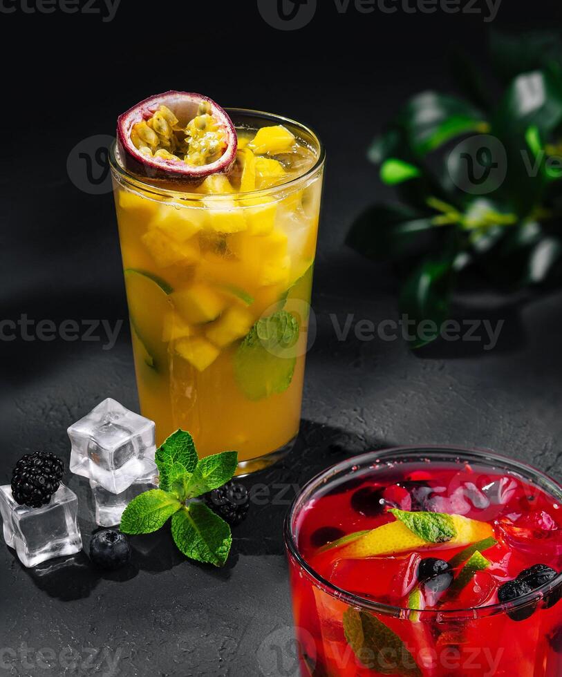 tropical cocktails with ice cubes photo