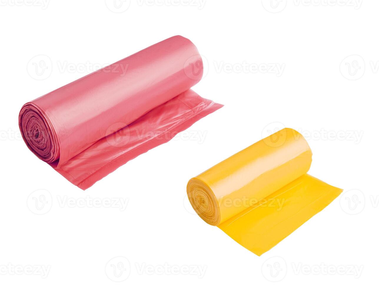 red and yellow rolls of garbage bags isolated on white photo