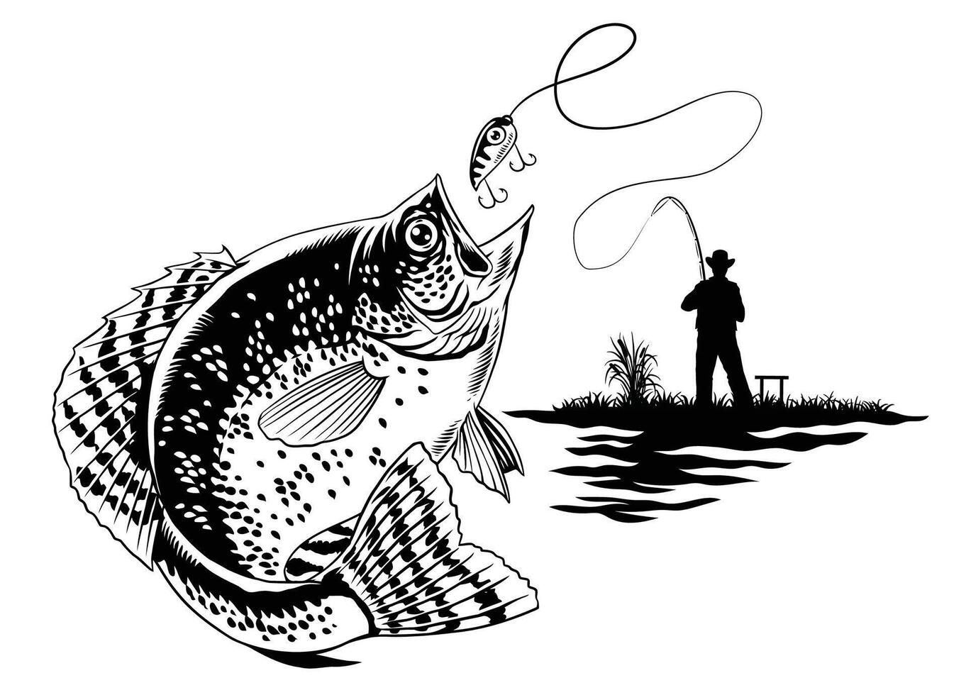 Fisherman Fishing Crappie Fish Black and White vector