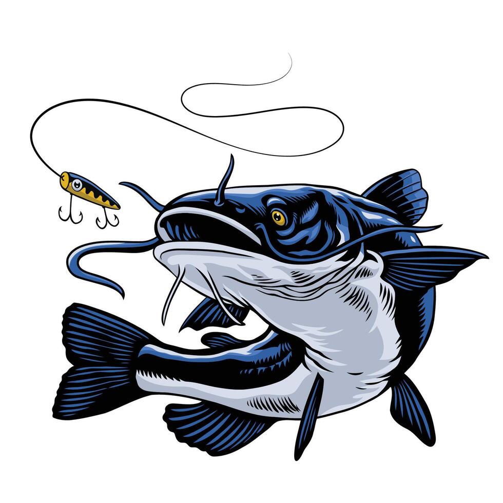 mano dibujado ilustración de azul bagre atrapando el pescar señuelo vector
