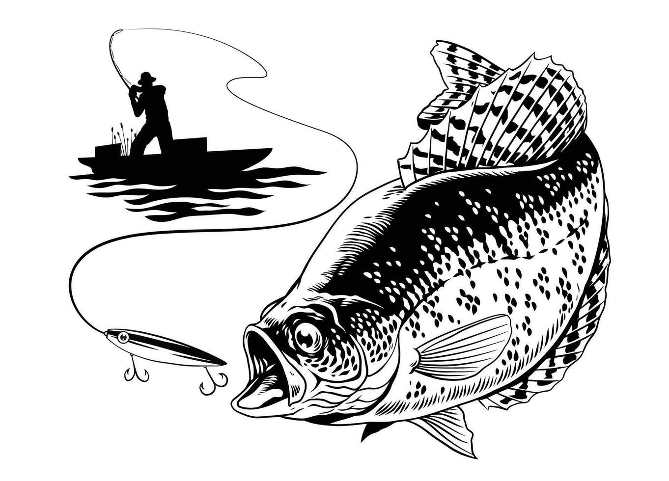 Fisherman Silhouette Catching The Crappie Fish vector