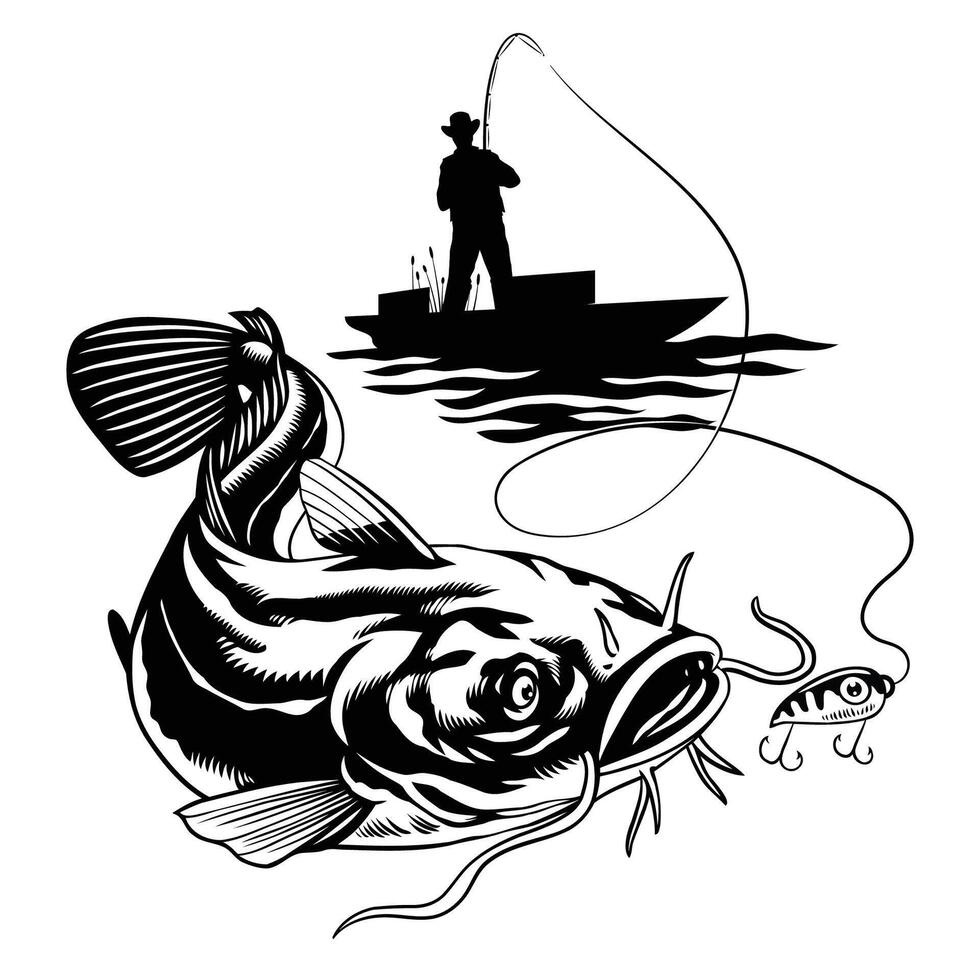 pescador atrapando el grande bagre en negro y blanco estilo vector