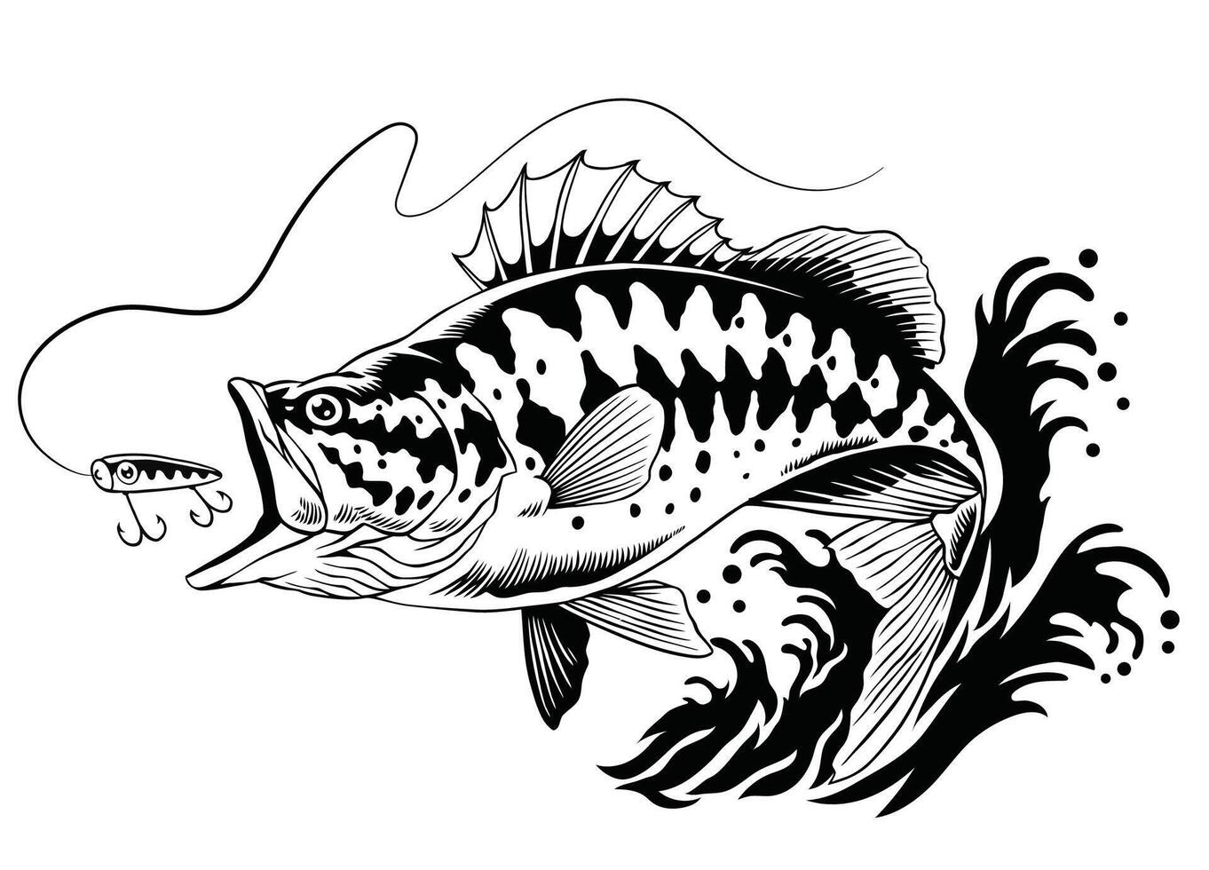 vector de bajo pescado atrapando el pescar señuelo aislado