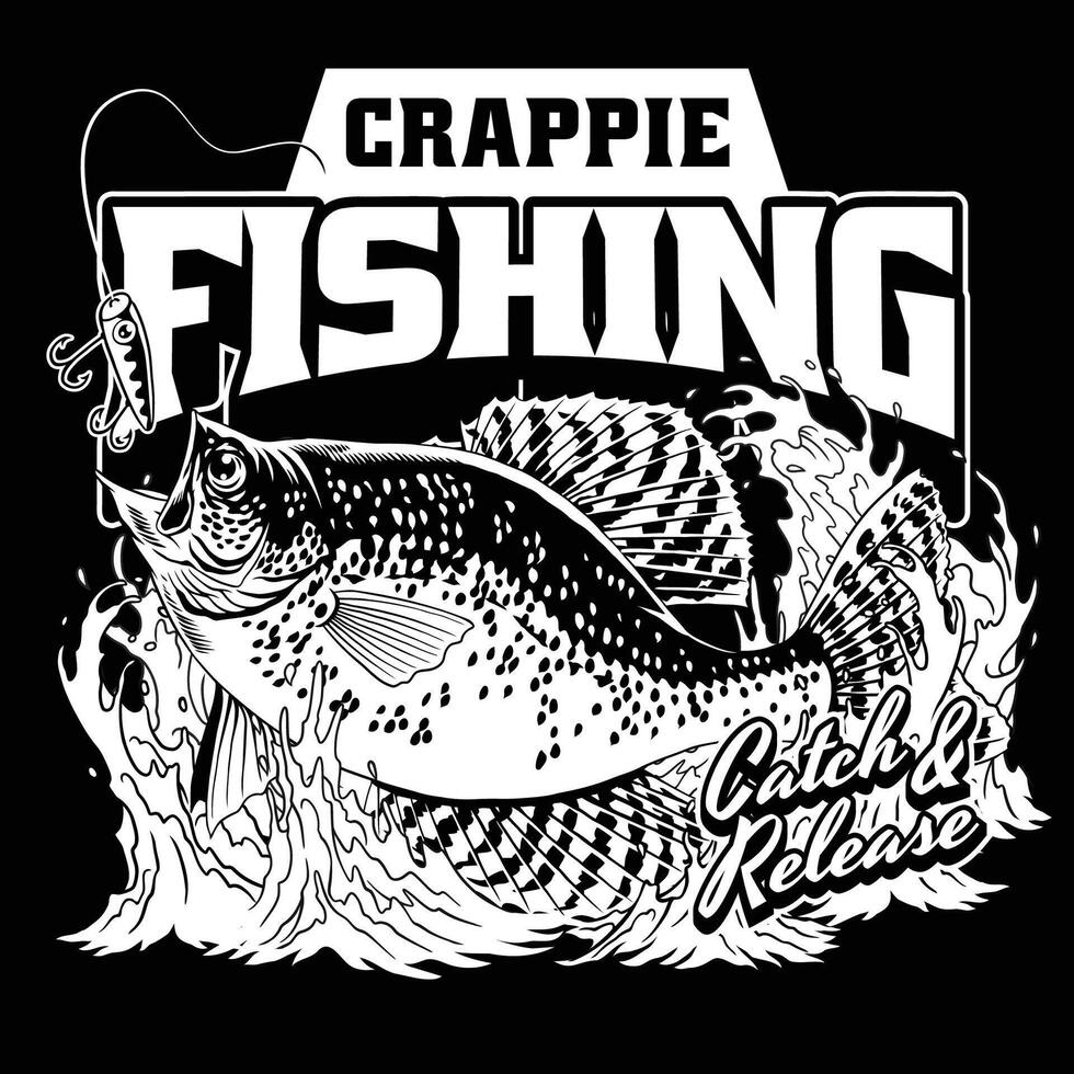 Crappie Fishing T-Shirt Design in Vintage Style Black and White vector