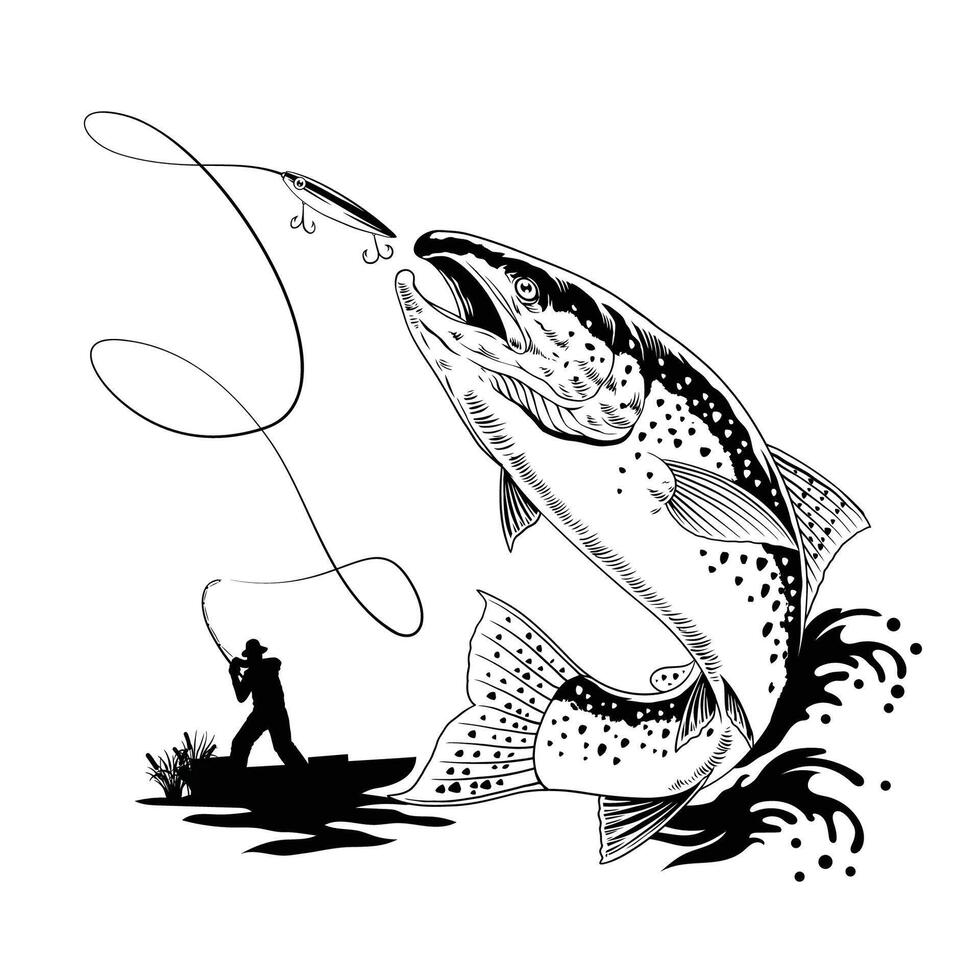 pescador atrapando grande trucha pescado vector