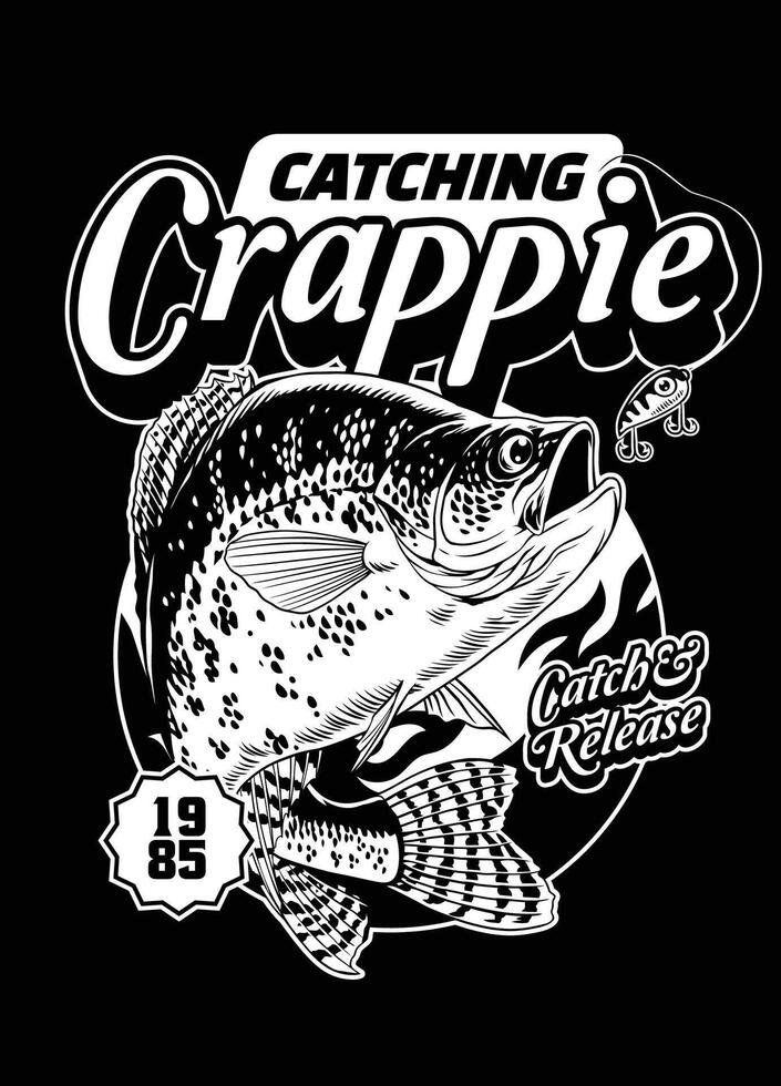 Catching Crappie Fish T-Shirt Design in Black and White Vintage Style vector