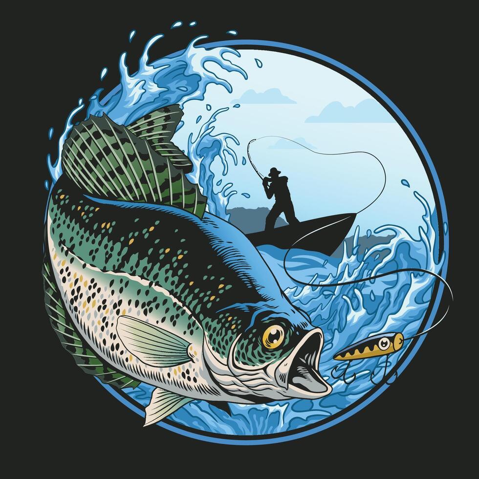 Fisherman Catching Crappie Fish Vintage Shirt Design vector