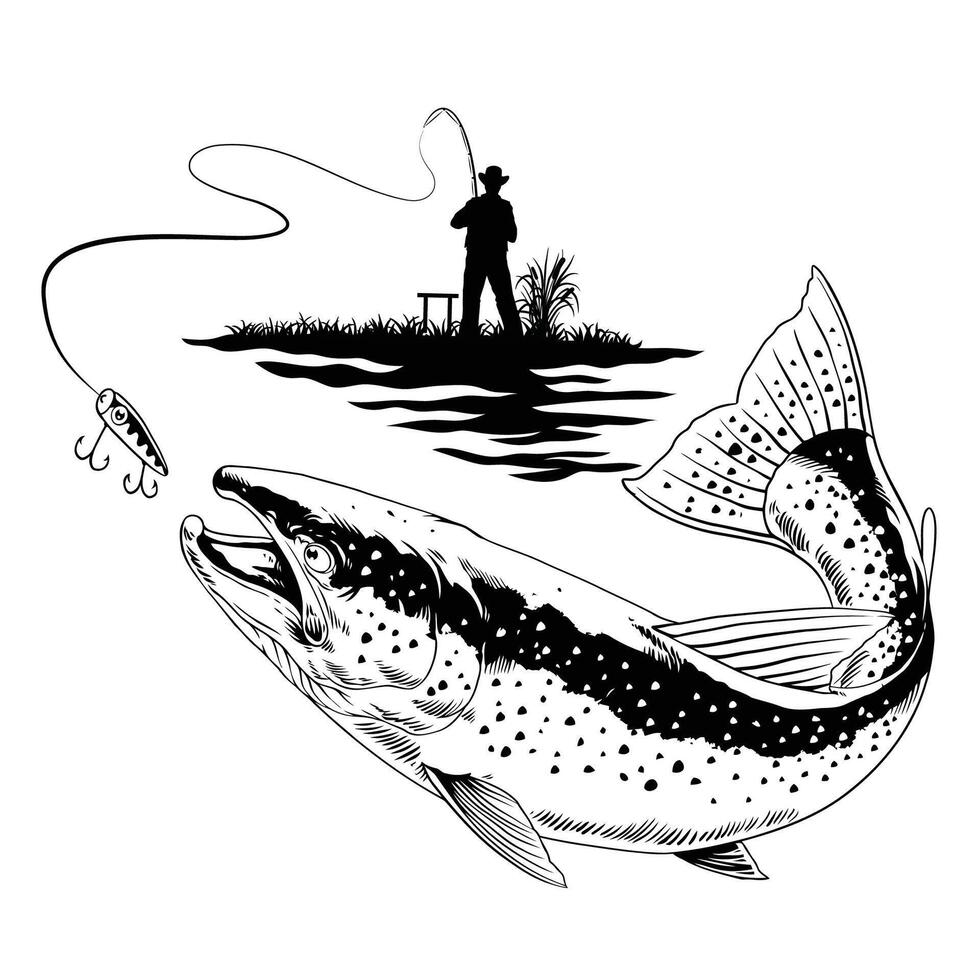 pescador captura el grande trucha pescado en negro y blanco vector