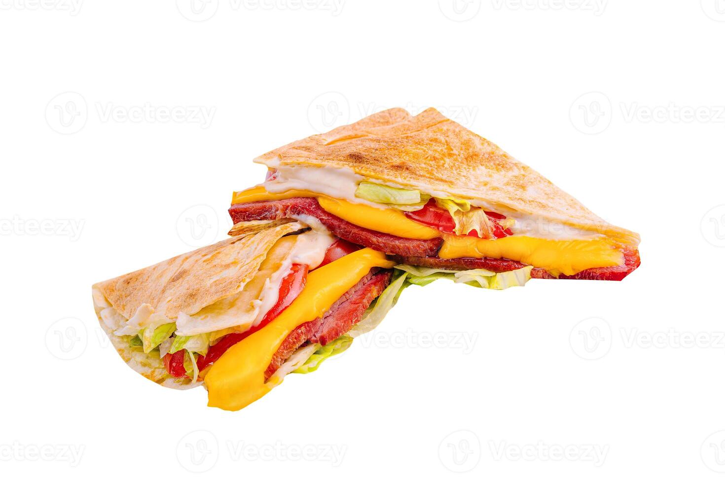 Crispy chicken quesadillas with cheese isolated on white photo