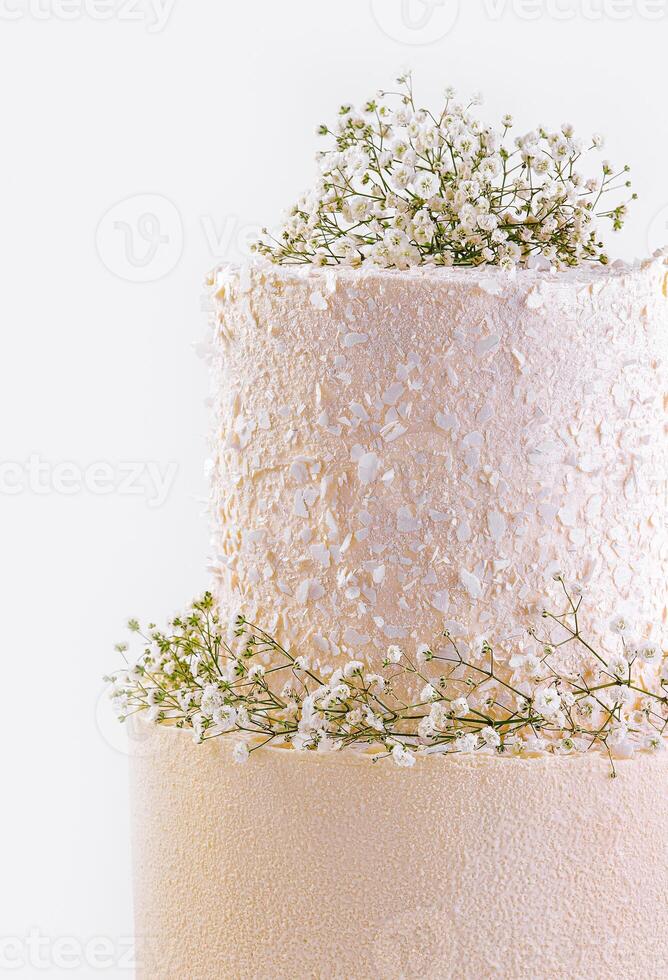 Beautiful multi-tiered wedding cake with flowers photo