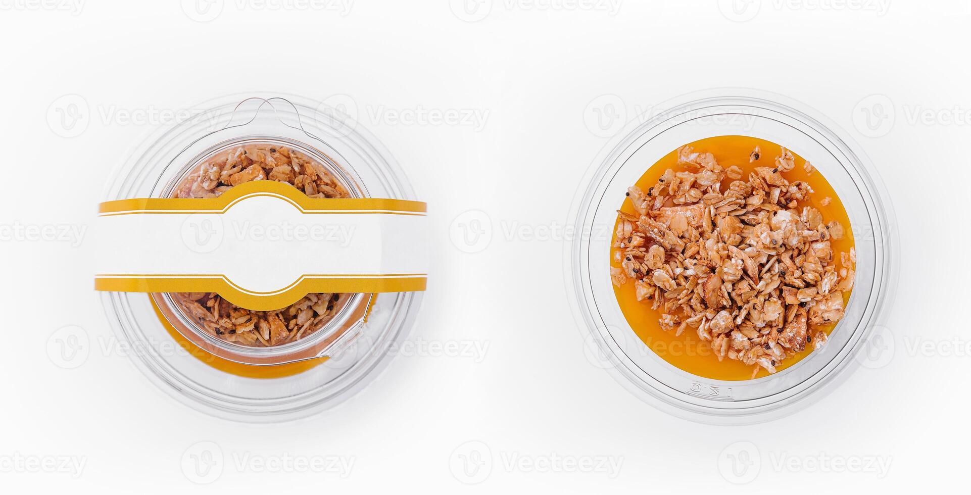 Chia pudding with mango and granola top view photo