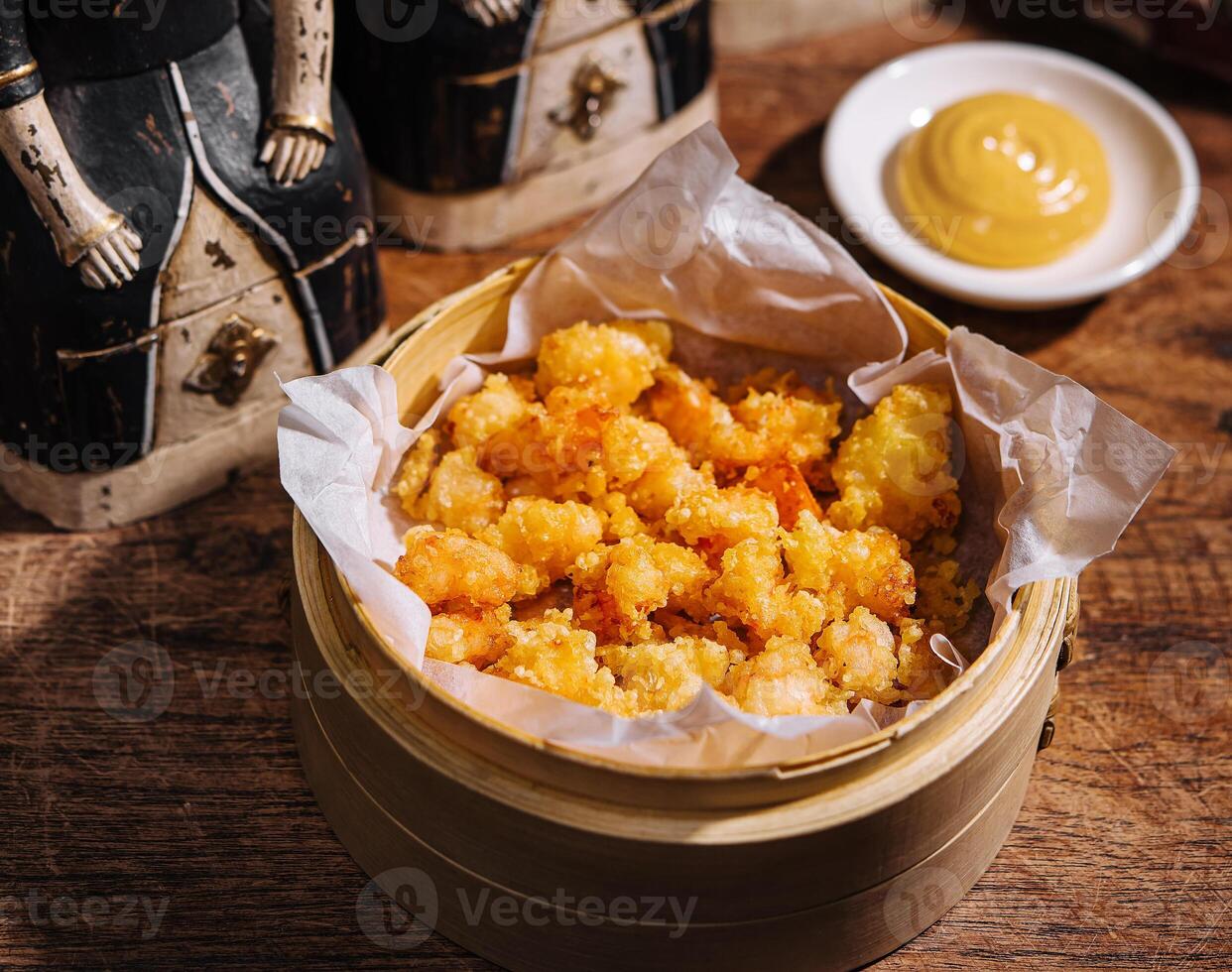 deep fried shrimp with sauce top view photo