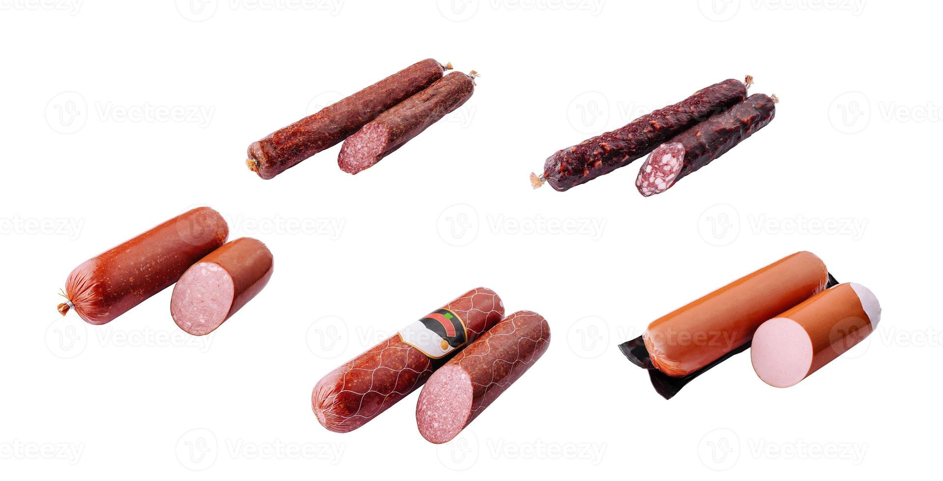 different types sausages isolated on white background photo