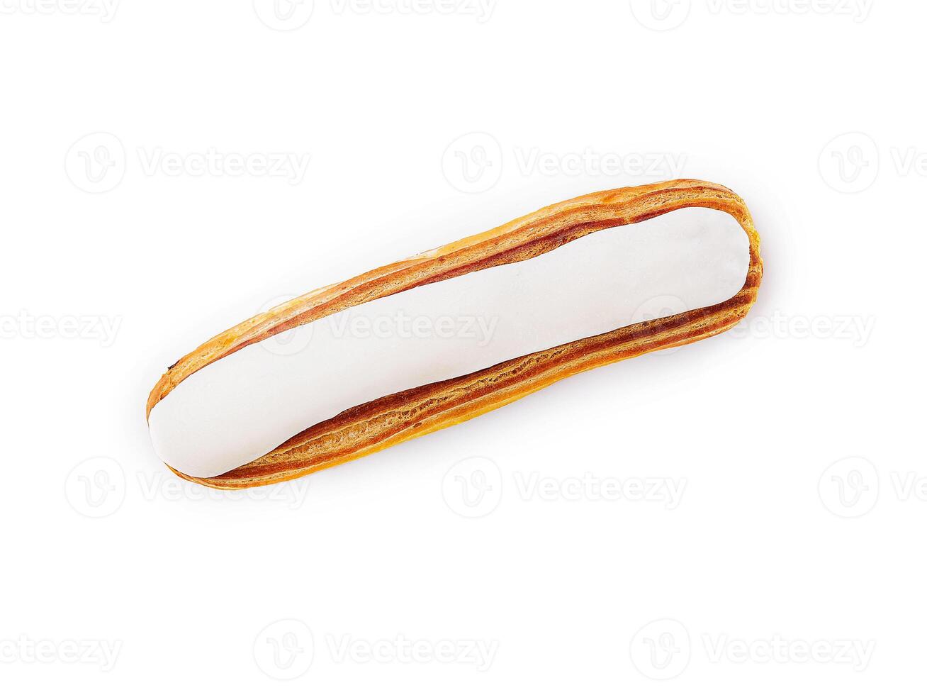 postre eclair con azotado crema y azúcar Formación de hielo foto