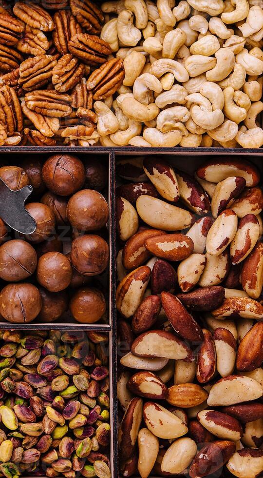 Assorted nuts close up top view background photo