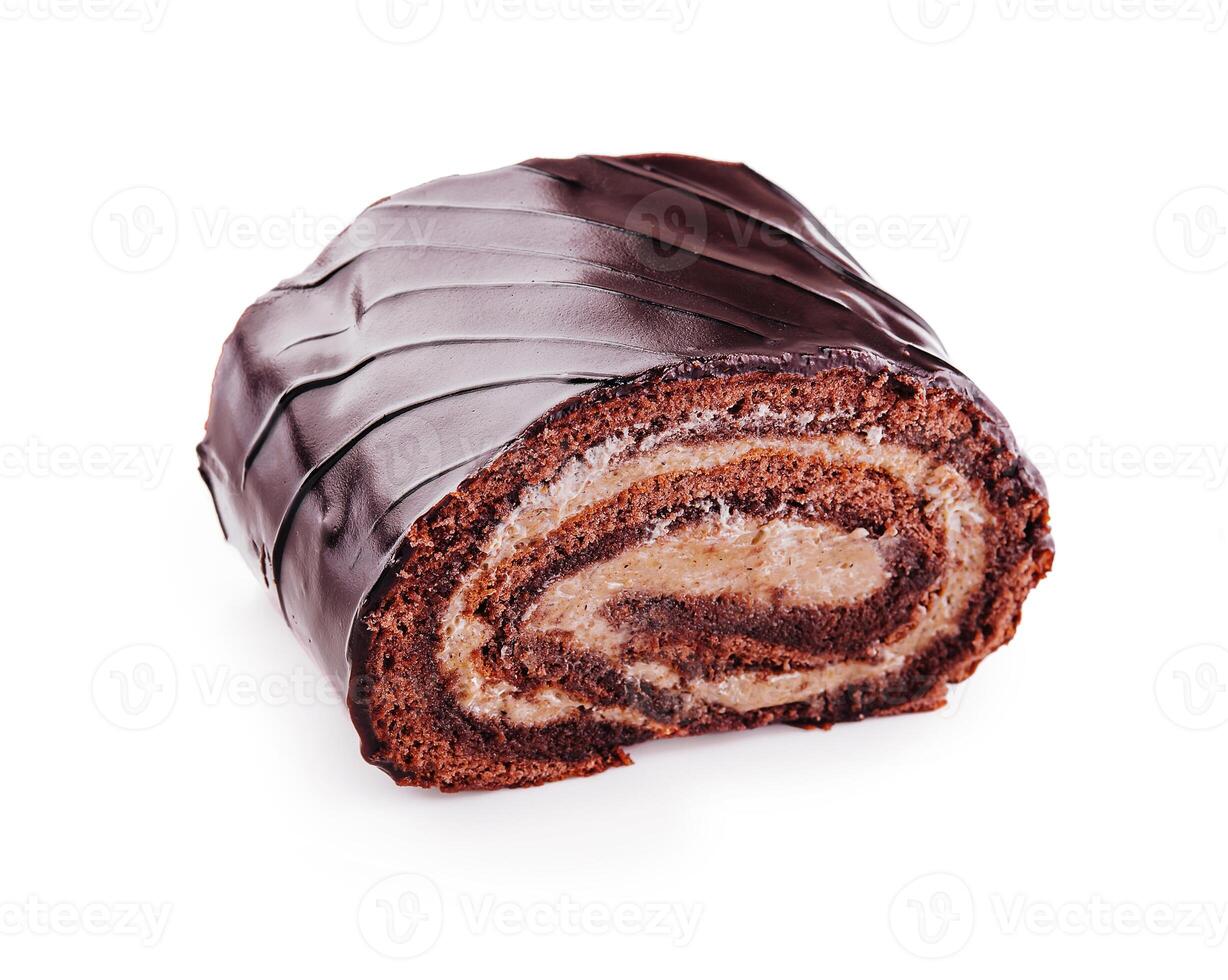 Chocolate roll with cream on a white background photo