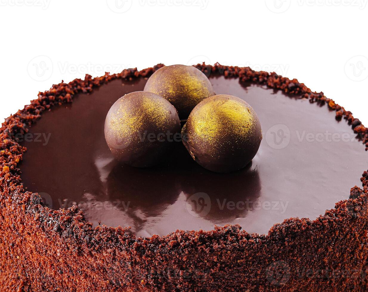 Tasty chocolate cake on white background photo