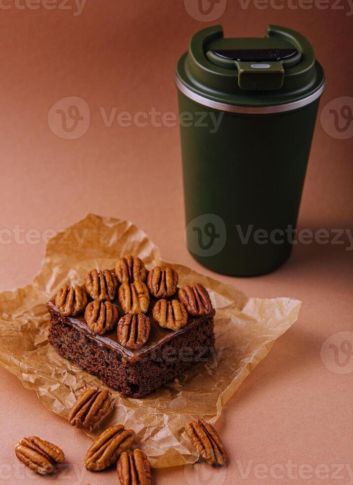Brownie sweet chocolate dessert with walnuts photo