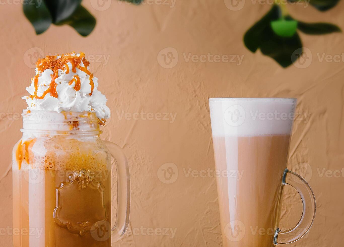 Caramel iced latte with whipped cream photo