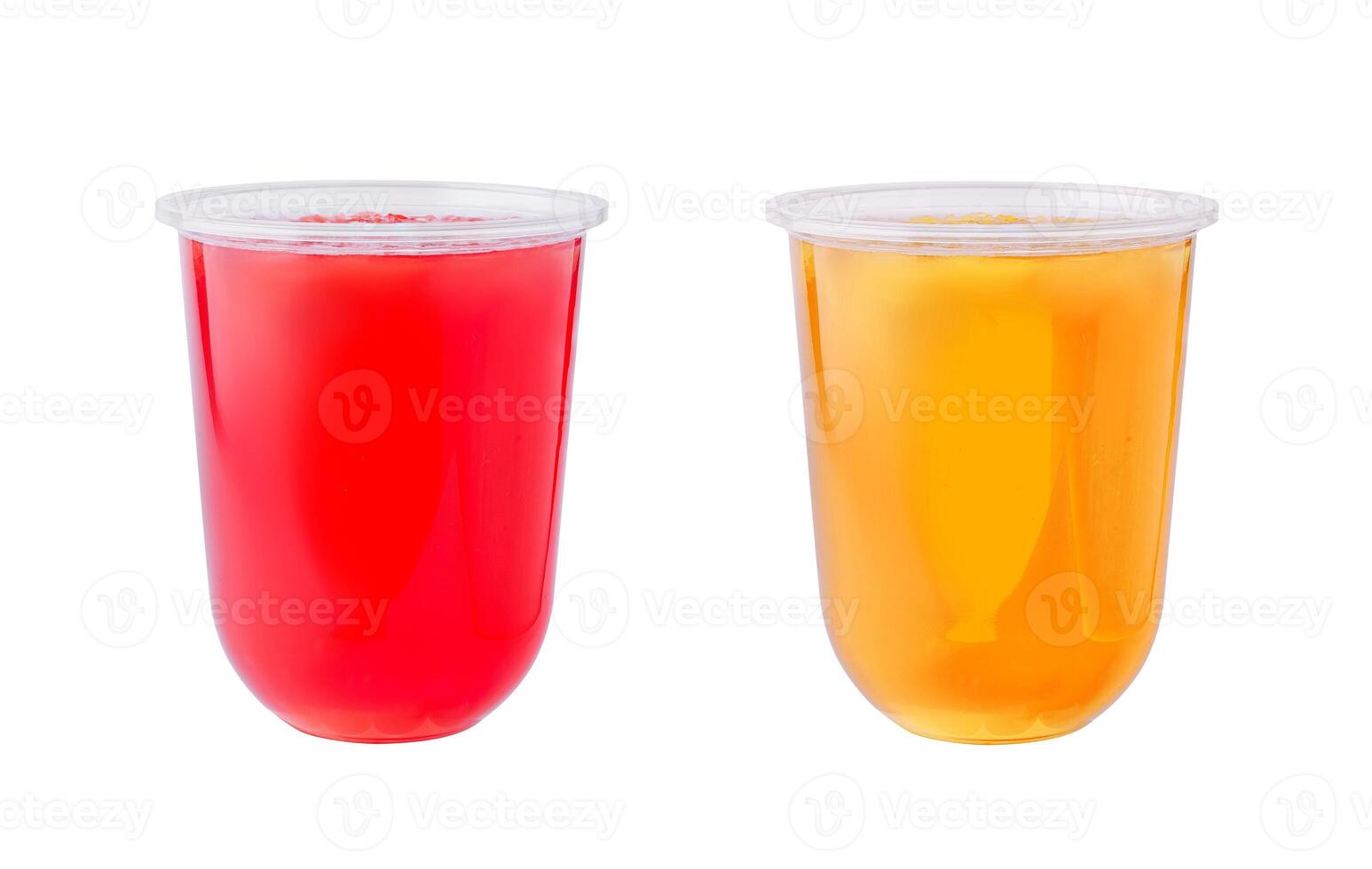 Strawberry and orange smoothie in plastic cups isolated photo