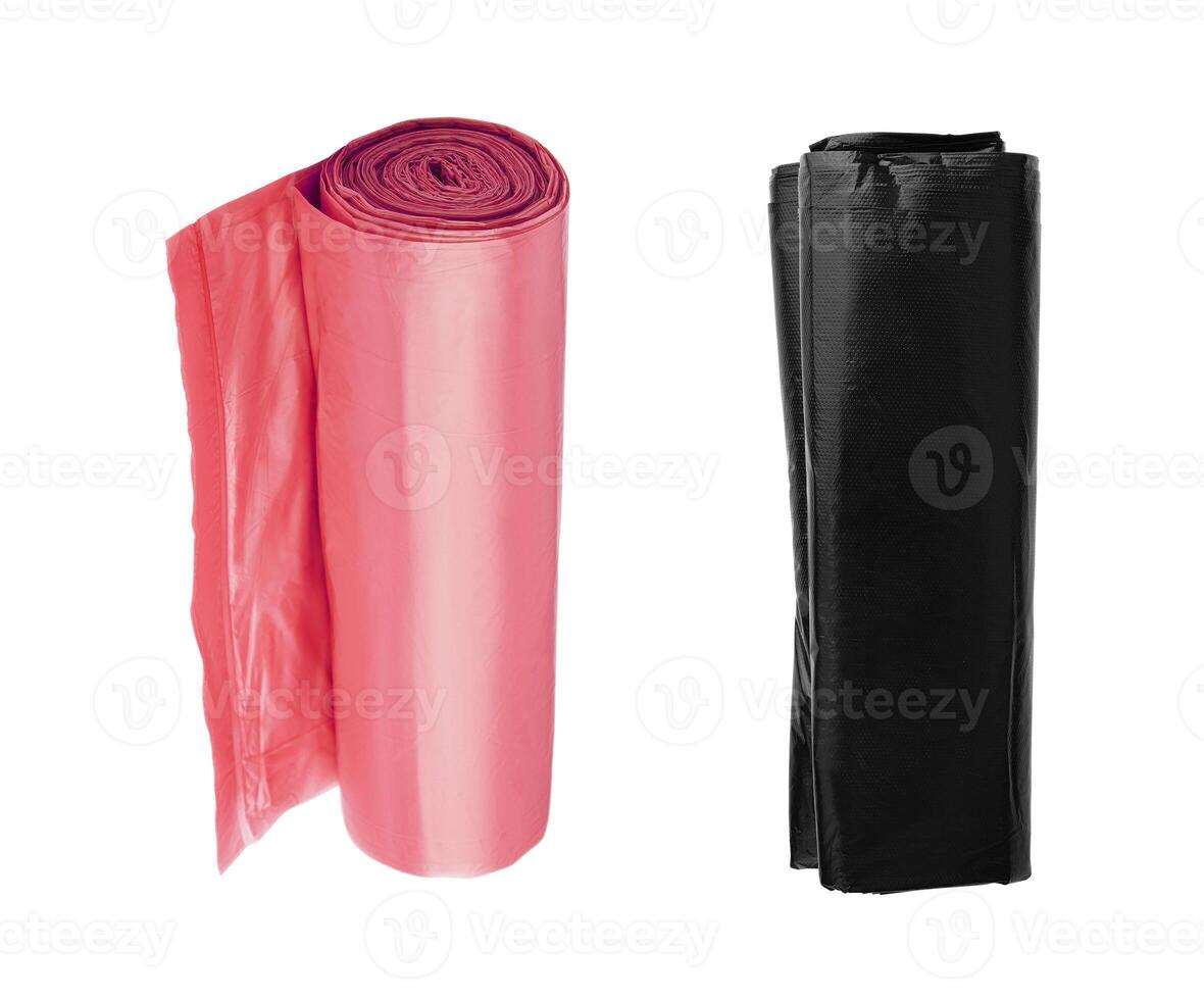 red and black roll of garbage bags isolated on white photo