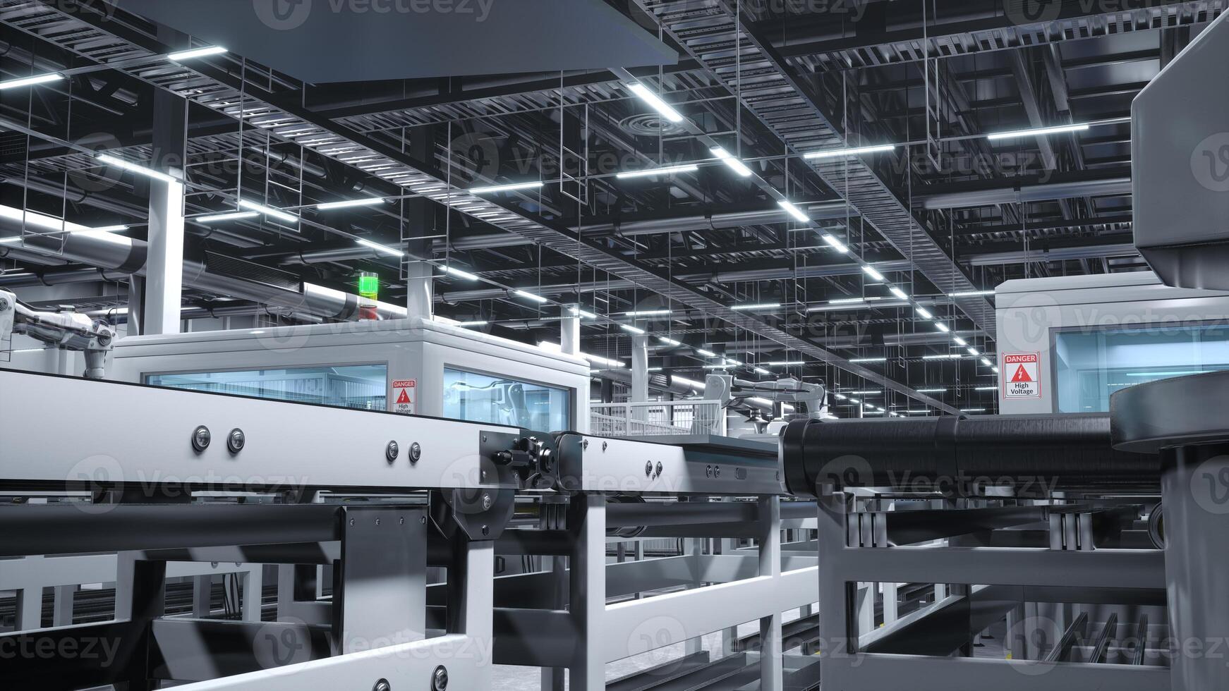 Solar panel factory with robotic arms placing PV modules on automation lines, 3D rendering of industrial building interior. Mass production facility producing solar cells for green energy industry photo