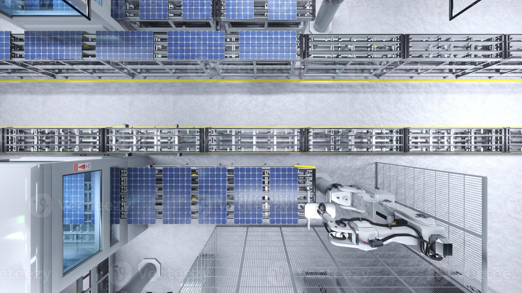 Top down view of solar panels on production lines operated by high tech robot arms in modern sustainable factory, 3D illustration. Aerial shot of PV cells in industrial automated facility photo