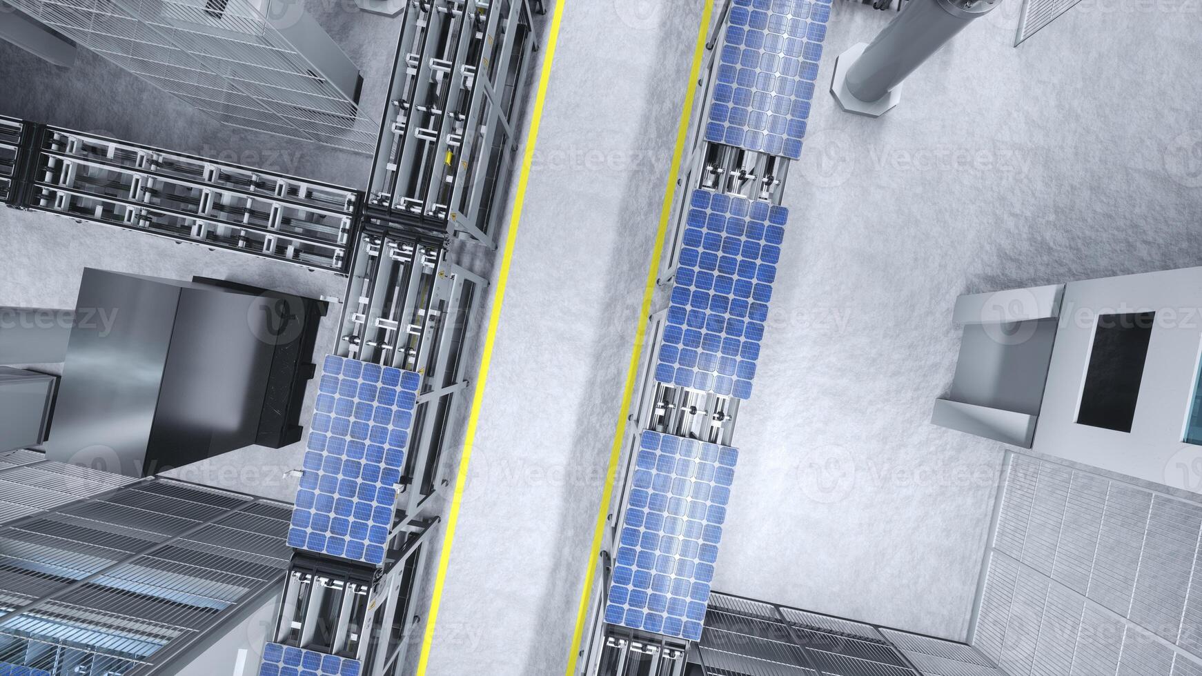 Top down view of solar panels on conveyor belts operated by high tech robot arms in modern sustainable factory. Aerial shot of PV cells in industrial automated facility, 3D rendering photo