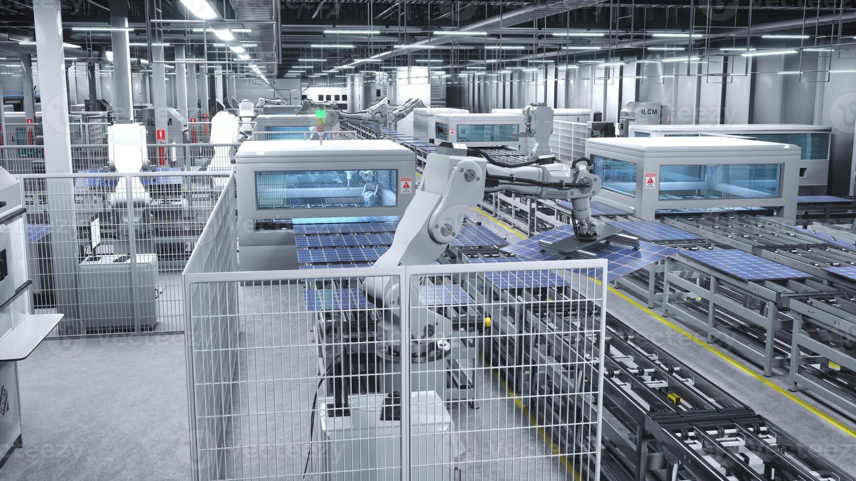 Industrial robot arms placing solar panels on large production line in modern sustainable factory. Photovoltaics being assembled on conveyor belts inside manufacturing facility, 3D render photo