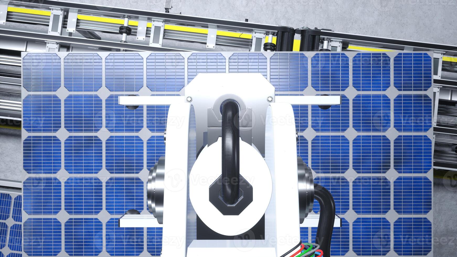 Aerial shot of cutting edge robotic arm placing solar panel on production line in green energy factory, 3D illustration. Machinery unit placing PV cells on modern conveyor belts, top down shot photo