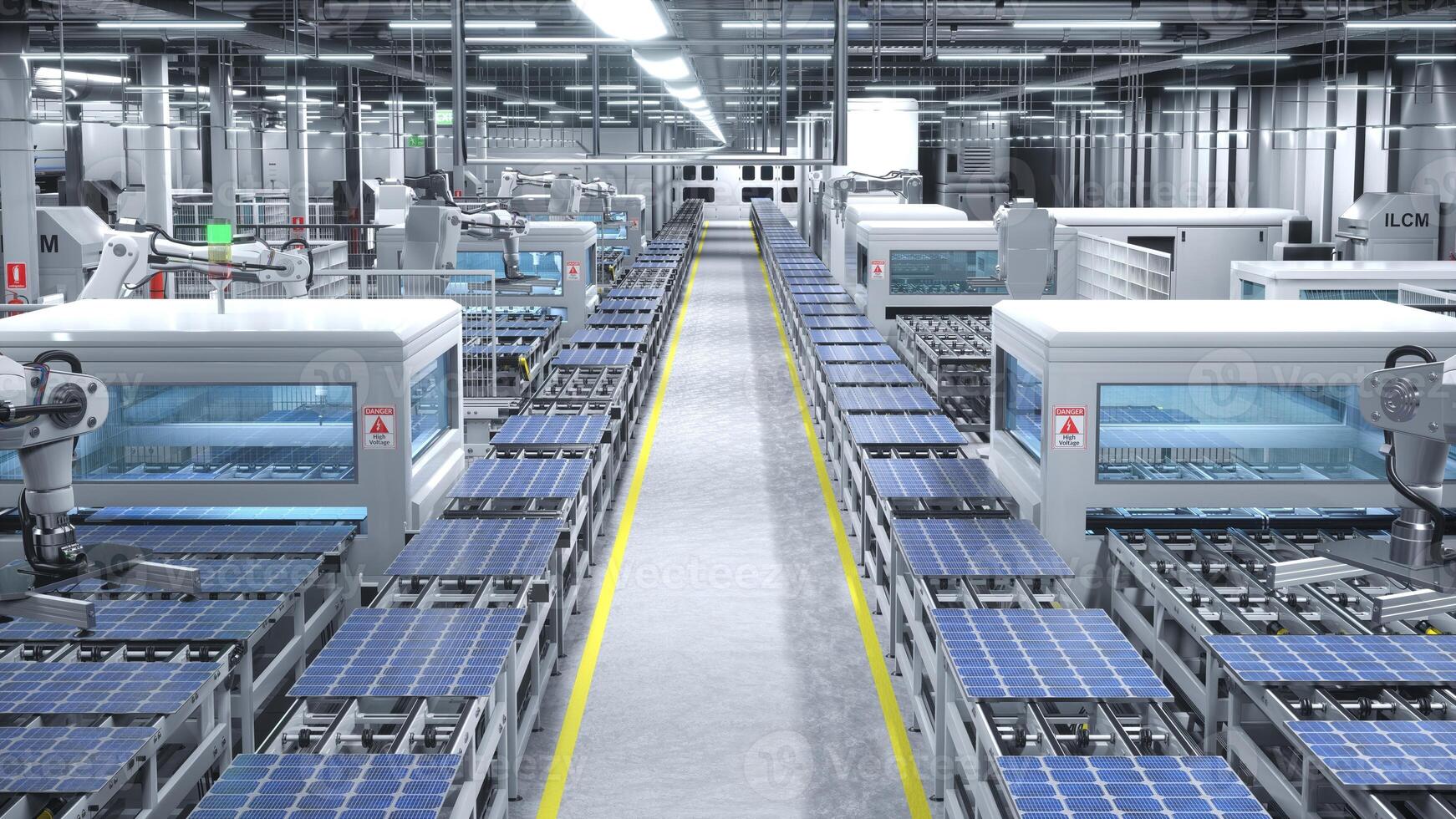 Solar panels being moved on conveyor belts during high tech production process in clean energy factory, 3D rendering. PV models used to produce alternative electricity being placed on assembly lines photo