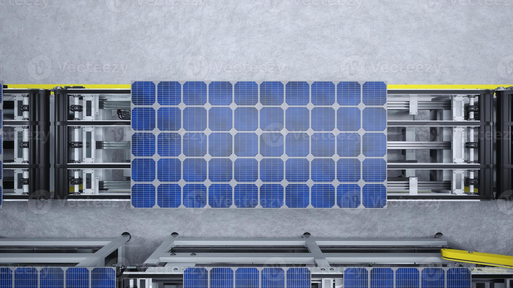 Top down view of solar panels on assembly line operated by high tech robot arms in modern sustainable factory. Aerial shot of photovoltaics produced in modern automated facility photo