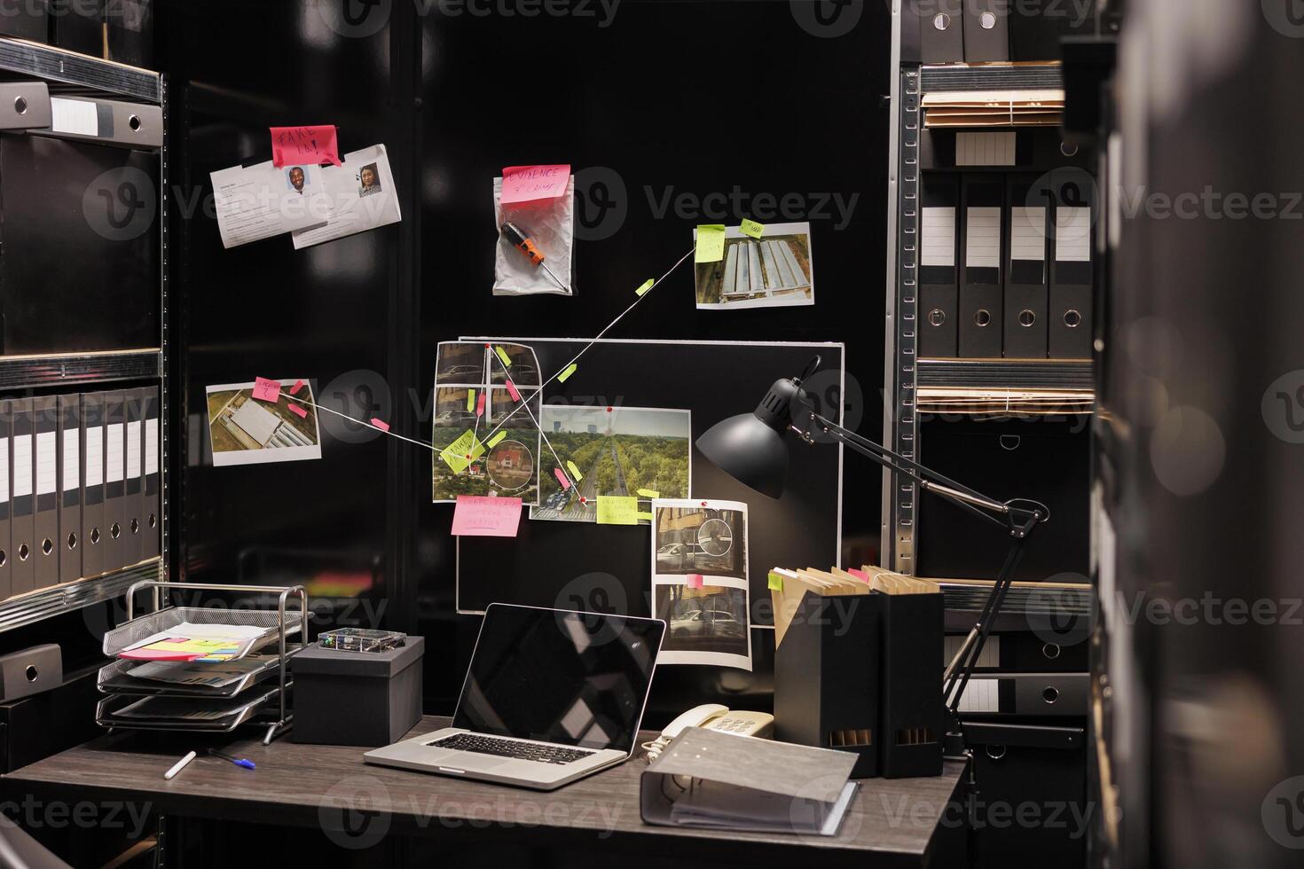 Empty dark police detective room with murder case investigation process on board. Suspect photographs connected with clues hanging on wall and file folders on racks in investigator agency office photo