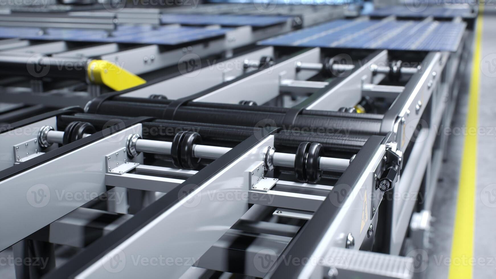 Focus on automated conveyor belt in factory used for distributing solar panels. Close up of production lines in sustainable energy based facility used for producing PV cells, 3D illustration photo