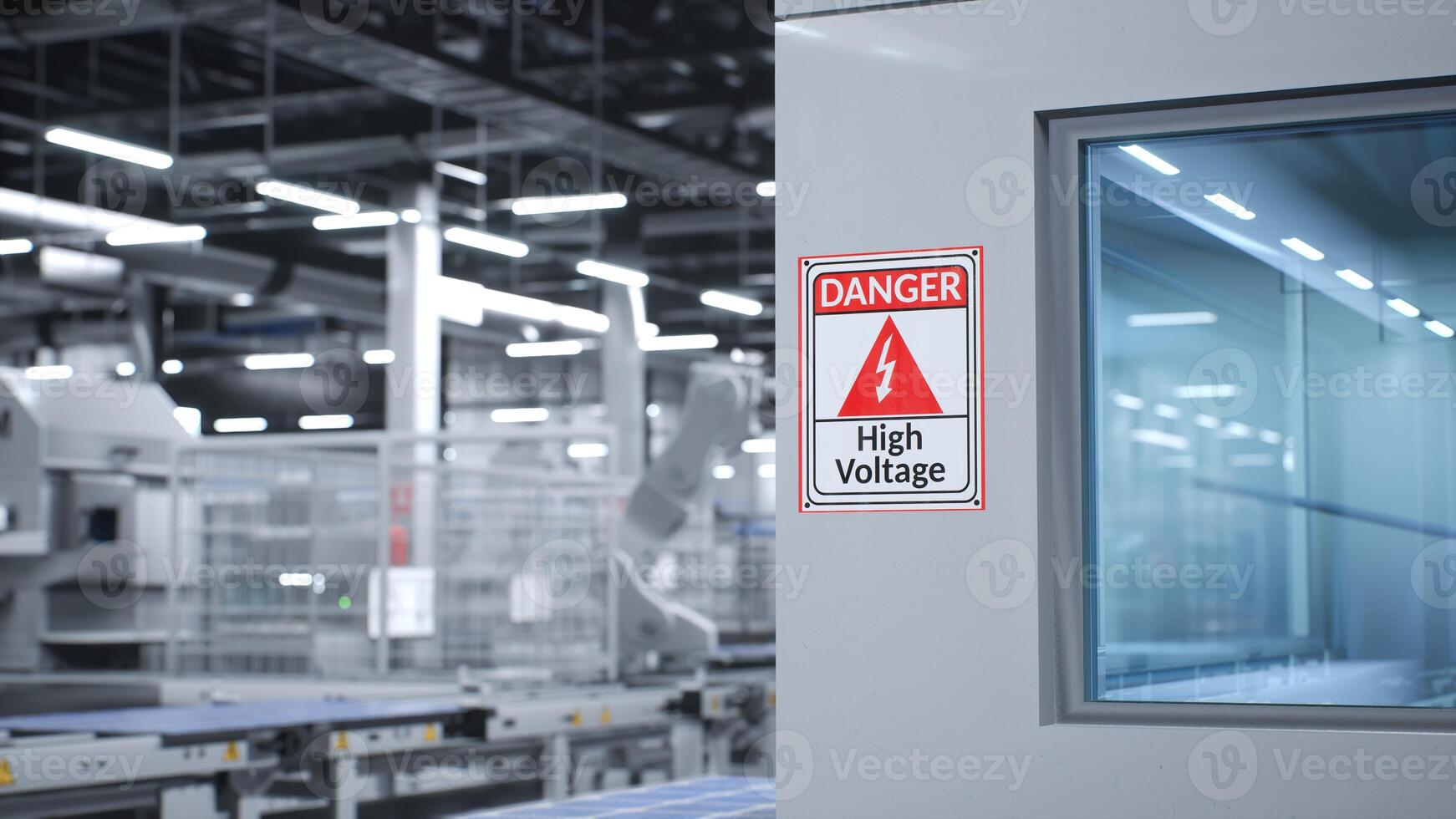 High voltage danger sign on interior wall next to safety glass in factory used to produce solar panels. Safety measures stickers in warehouse manufacturing photovoltaics, 3D illustration photo