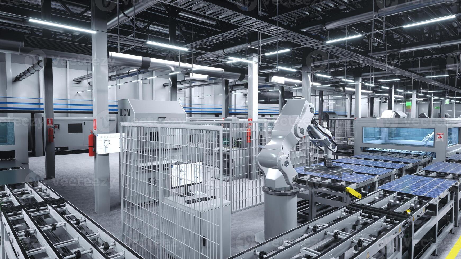 Solar panel logistics factory with robotic arms placing photovoltaic modules on conveyor belts, 3D render. High tech modern manufacturing warehouse producing solar cells for energy industry photo