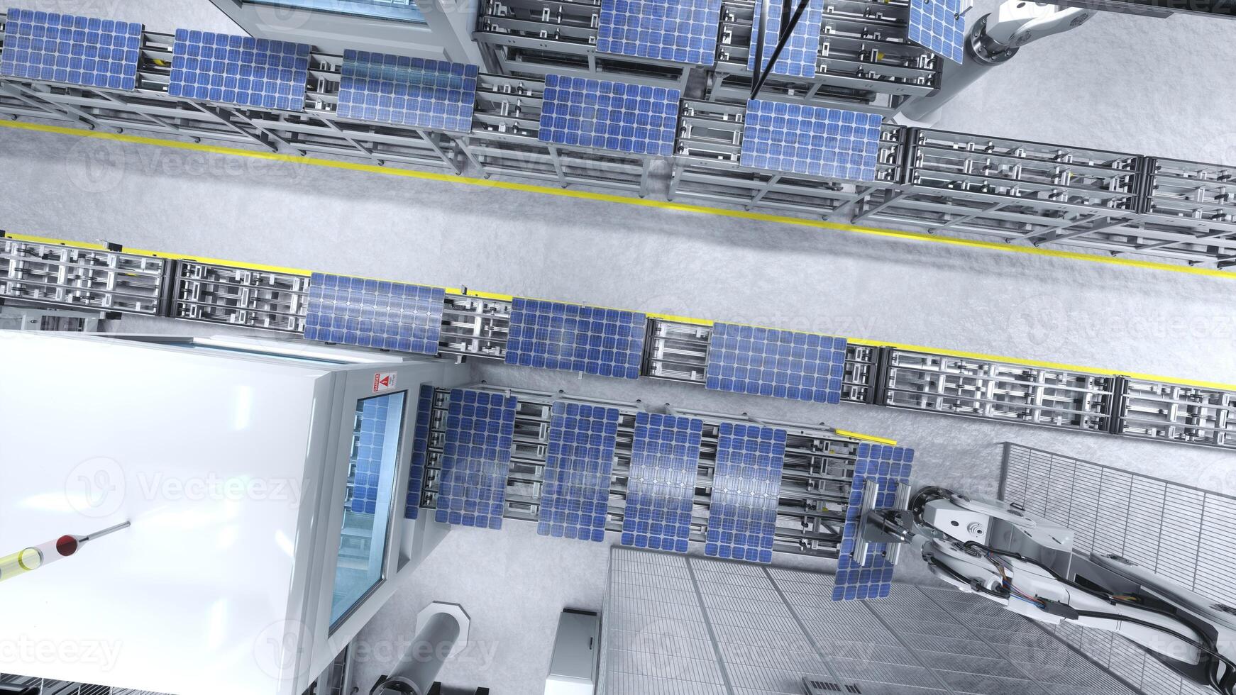 Top down view of solar panel factory with industrial robot arms placing PV modules on conveyor belts, 3D illustration. Aerial shot of mass production warehouse producing renewable energy solar cells photo