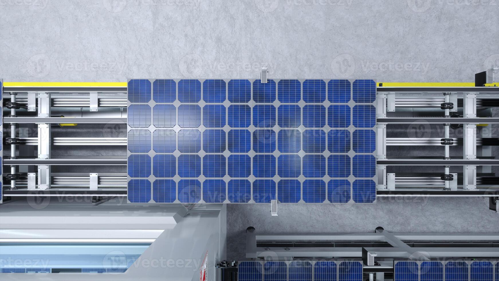 Top down view of solar panels on conveyor belts during high tech production process in clean energy factory, 3D illustration. Aerial shot of photovoltaic cell on assembly line photo