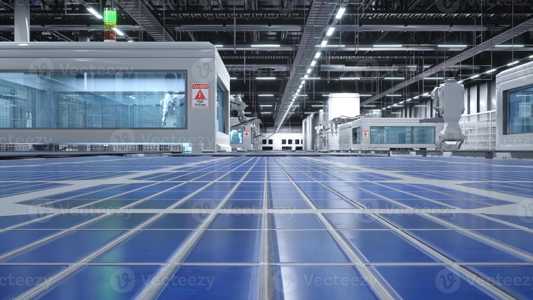 POV of solar panel placed on conveyor belt, operated by robotic arm, moving around facility, 3D illustration. Close up shot of PV cell produced in high tech modern manufacturing warehouse photo