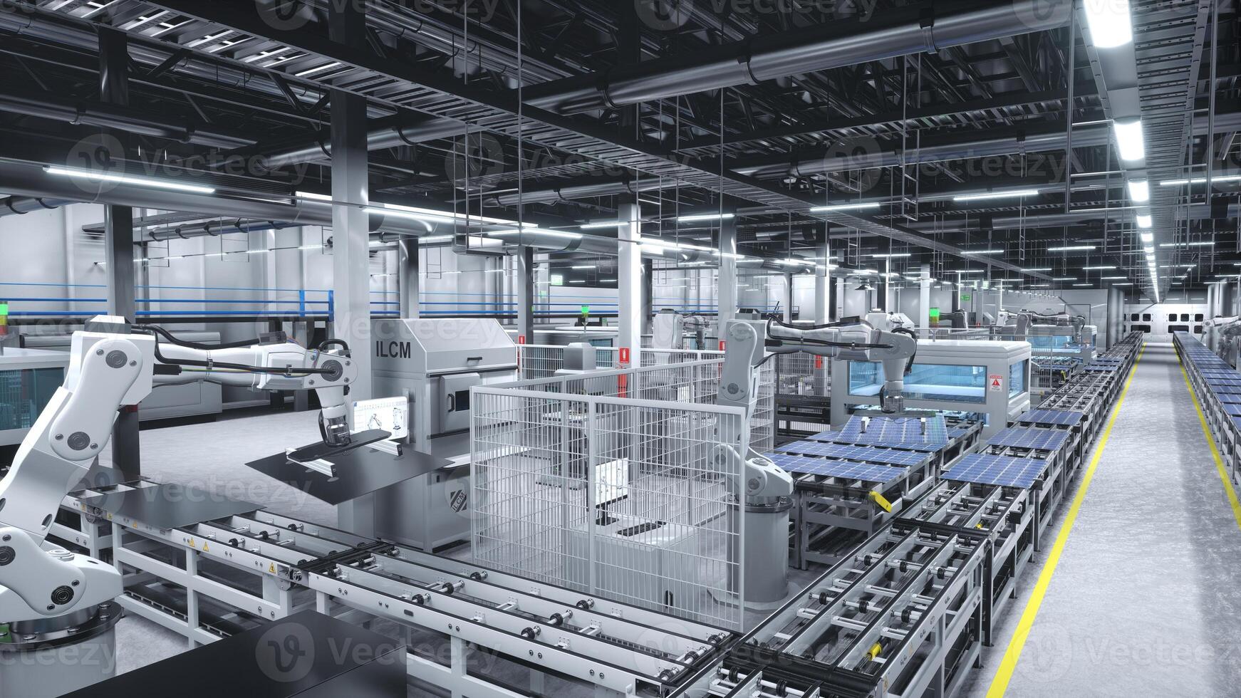 Heavy machinery in cutting edge solar panel warehouse handling photovoltaic modules on large assembly lines. Wide camera shot of sustainable facility manufacturing solar cells, 3D illustration photo