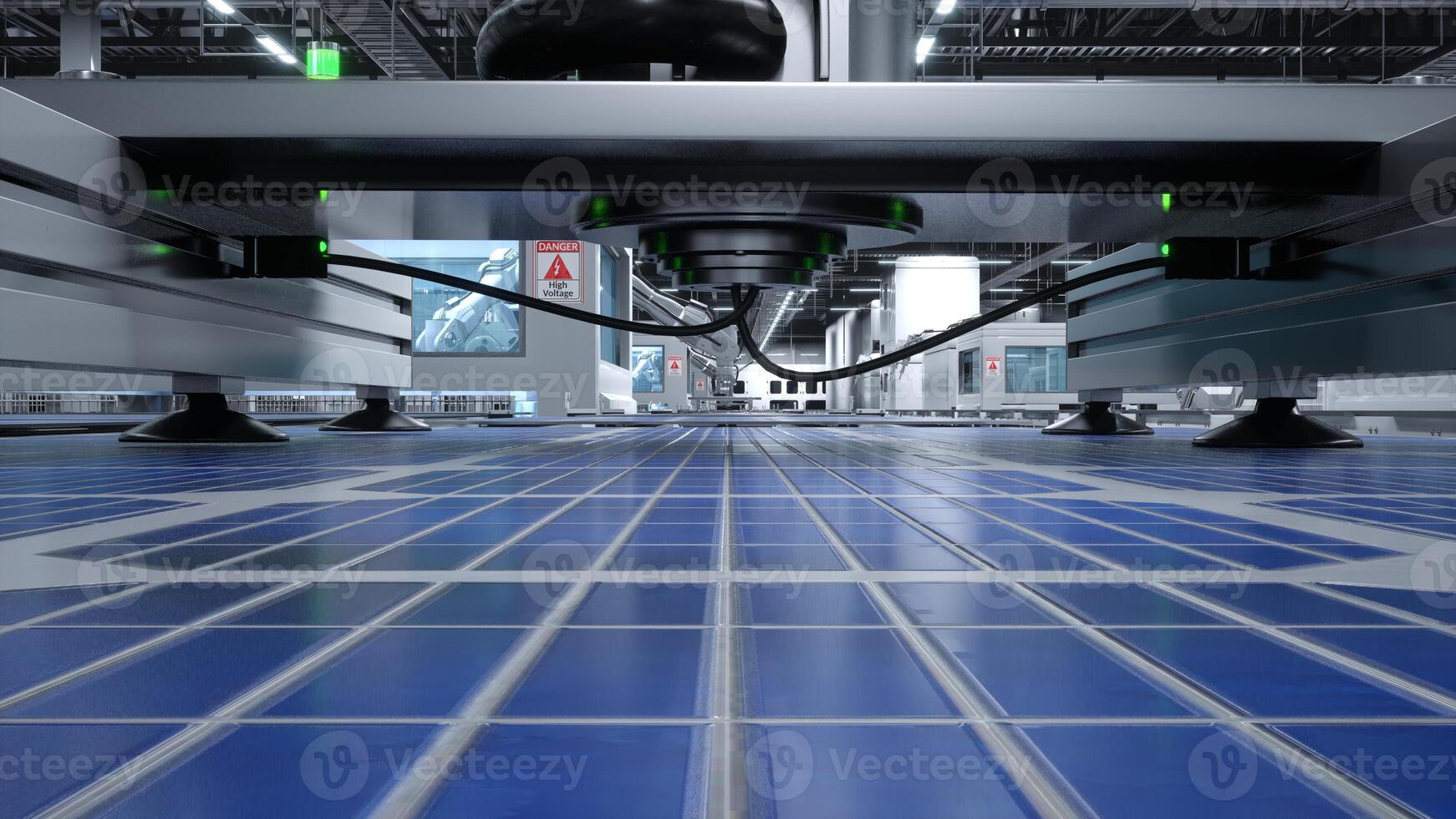 Solar panel placed on conveyor belt, moving around facility in high voltage area, 3D render. Close up shot of blue photovoltaic cell sitting on assembly line in manufacturing warehouse photo
