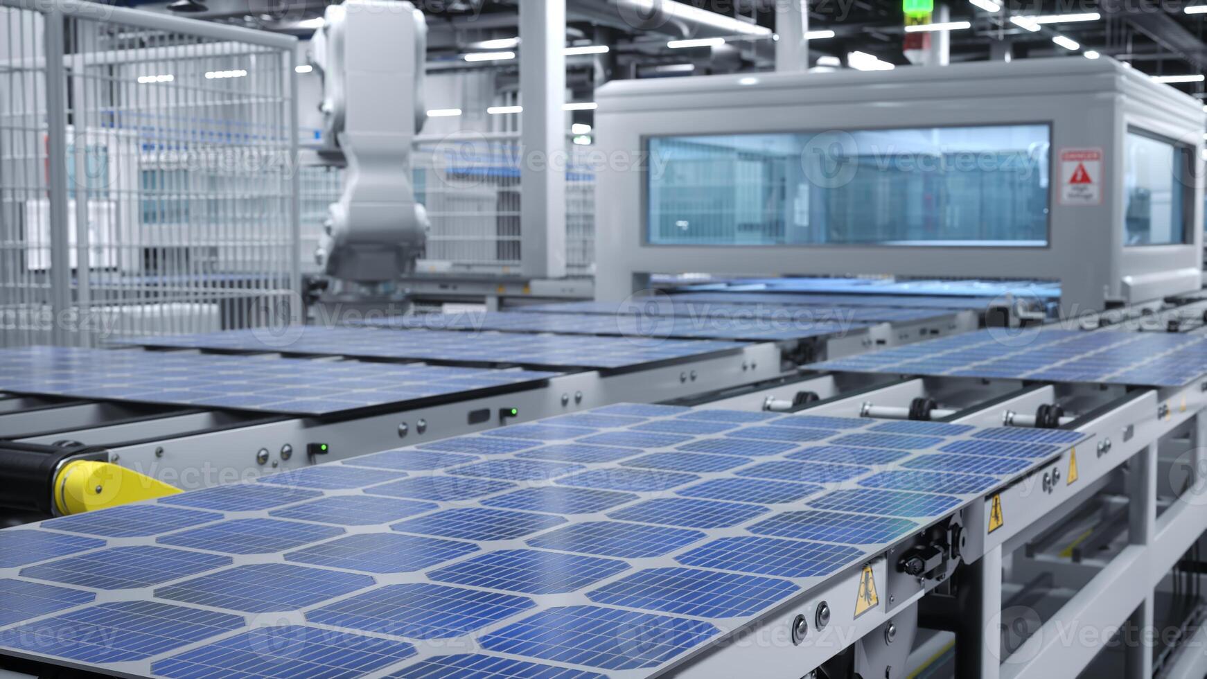 Solar panel factory with industrial robot arms placing PV modules on conveyor belts, 3D illustration of industrial building interior. Mass production warehouse producing renewable energy solar cells photo