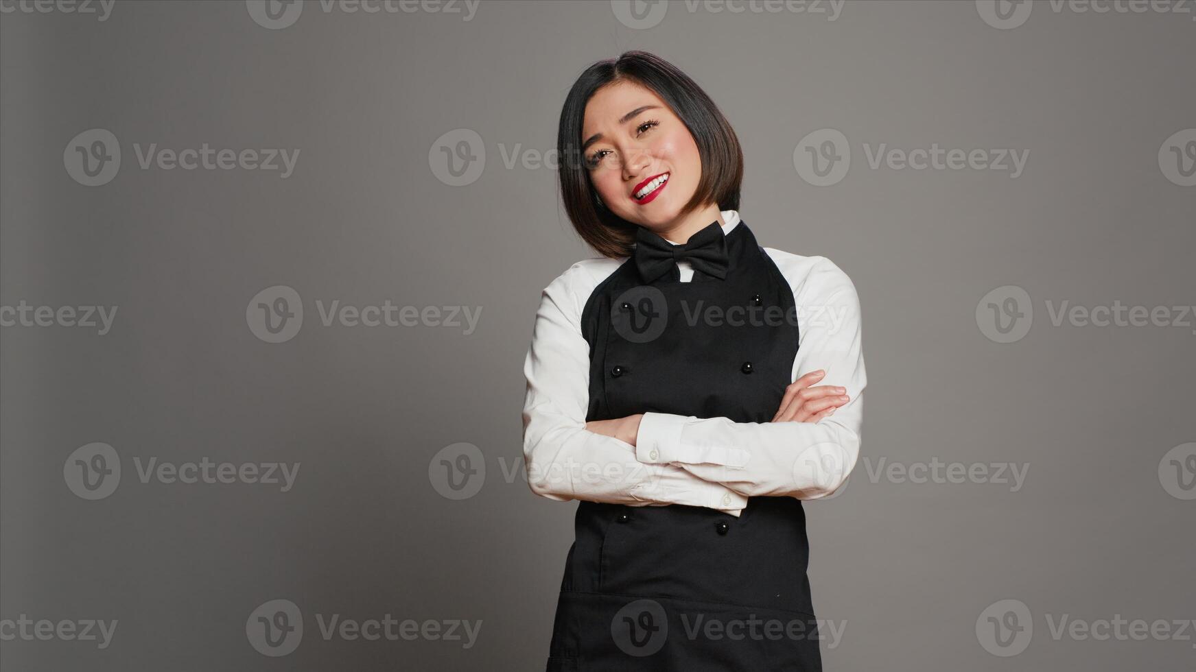 Asian restaurant employee serving clients at tables, offering luxury catering services with tray on camera. Waitress working in gourmet industry, wearing apron and bow in studio. Camera A. photo