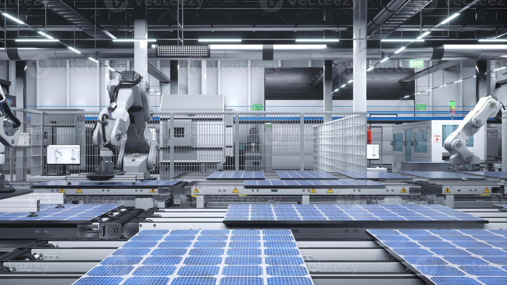 Industrial robot arms placing solar panels on large production line in modern green technology factory. Photovoltaics being assembled on conveyor belts inside facility with safety protocols, 3D render photo