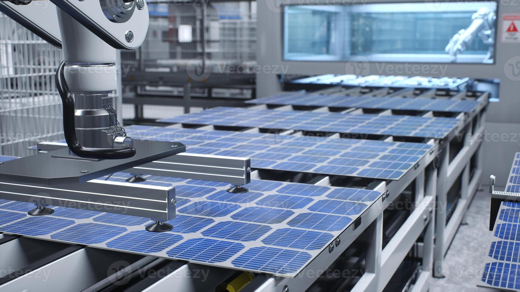 Focus on solar panels on conveyor belts with robotic arms operating in industrial factory, 3D illustration. PV cells being moved around facility using production lines, close up shot photo