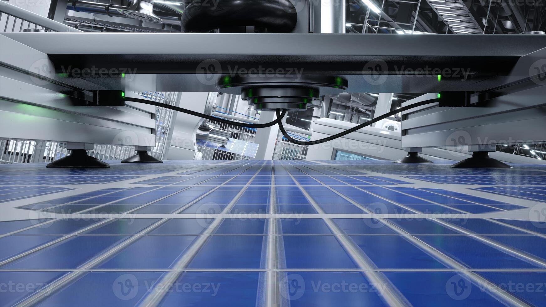 Solar panel placed on conveyor belt, operated by robot arm, moving around facility, 3D illustration. Close up of photovoltaic cell produced in green technology manufacturing warehouse photo
