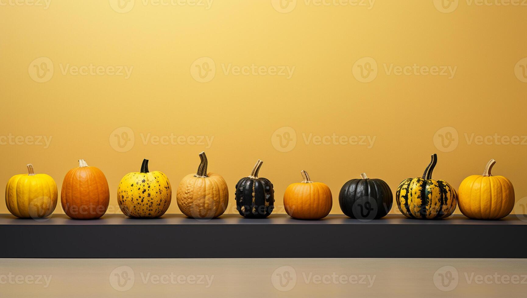 AI Generated Various ornamental pumpkins for halloween on table, copyspace photo