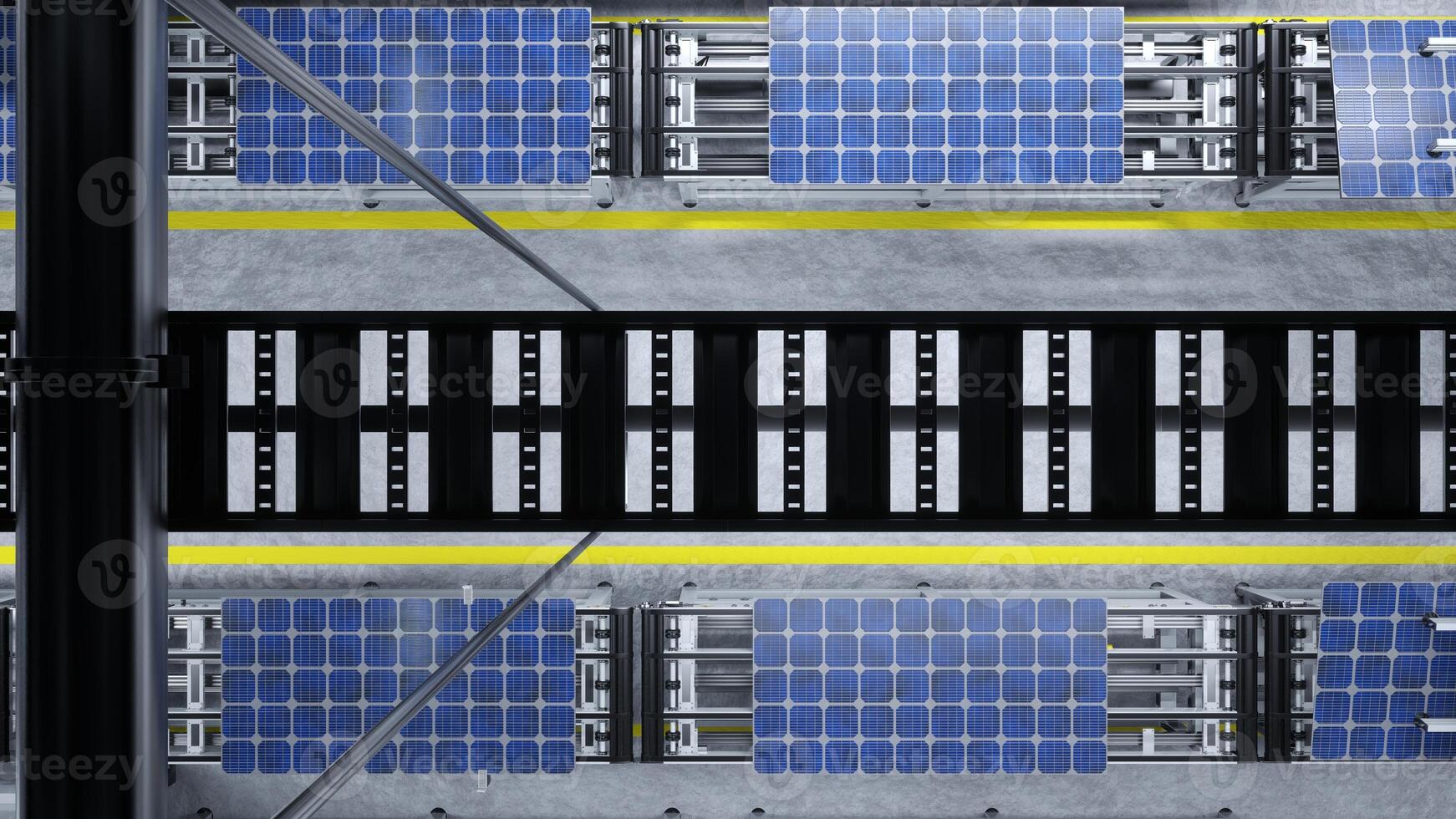 Top down view of solar panels on conveyor belts during cutting edge production process in green energy factory, 3D illustration. Aerial shot of photovoltaic cells on production line photo