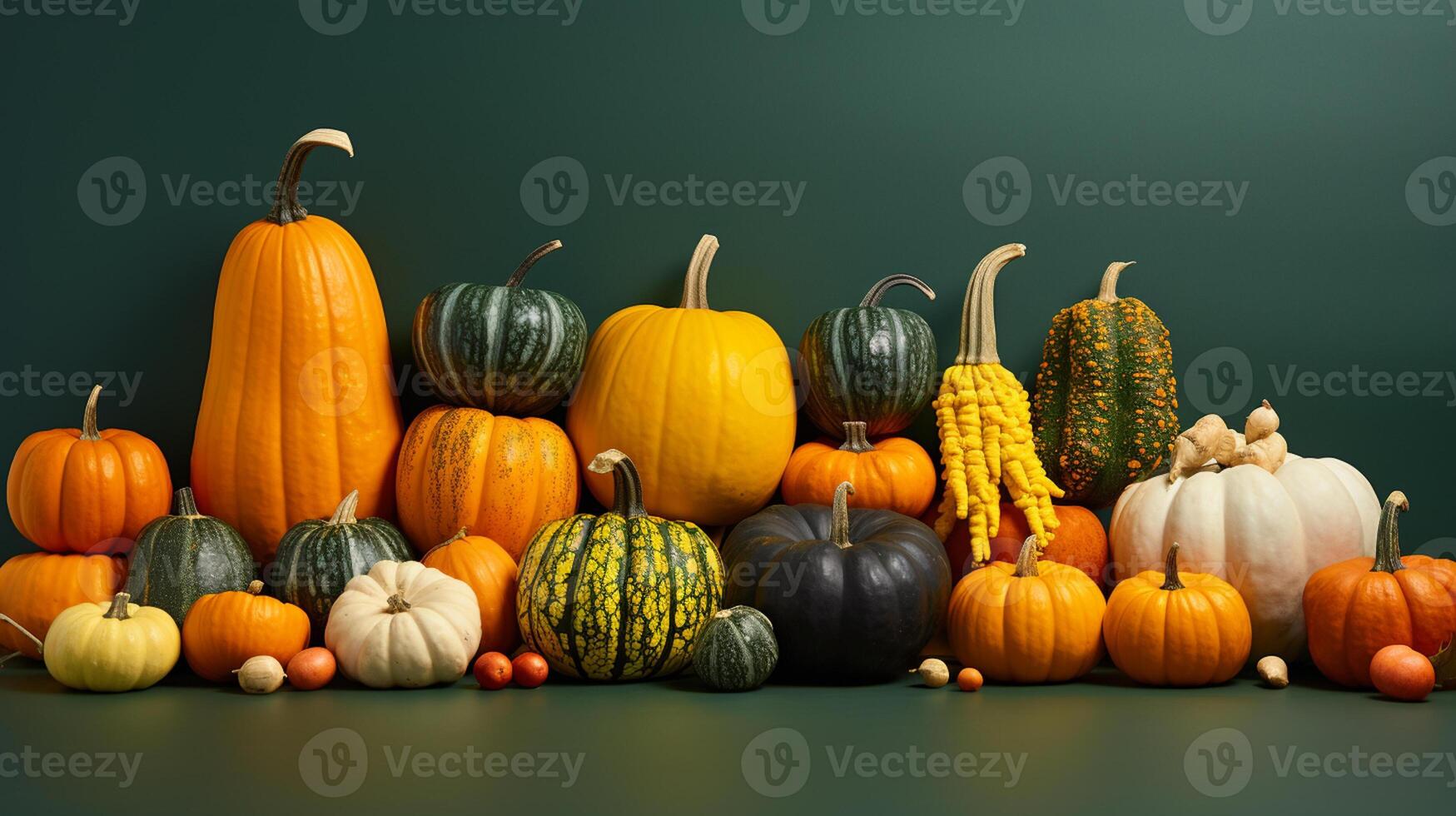 AI Generated Various ornamental pumpkins for halloween on table, copyspace photo